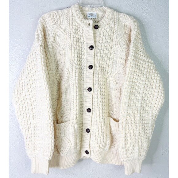 Bonner Large Irish Wool Sweater Chunky Cable Knit Fisherman Cardigan Cream New - Picture 1 of 10